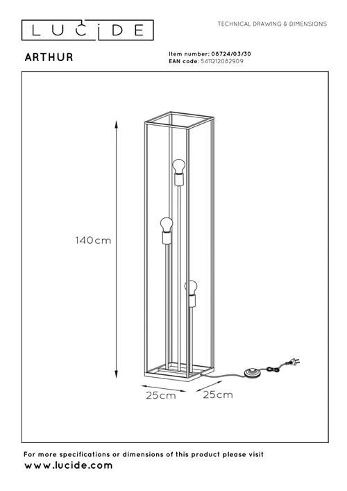 Lucide ARTHUR - Vloerlamp - 3xE27 - Zwart - technisch